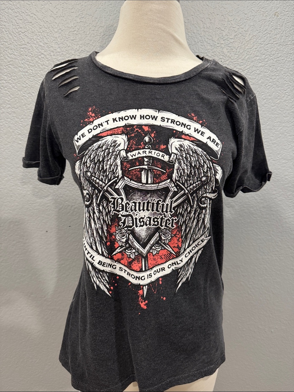 Beautiful Disaster Women's Black Graphic Tee - Distressed Short Sleeve